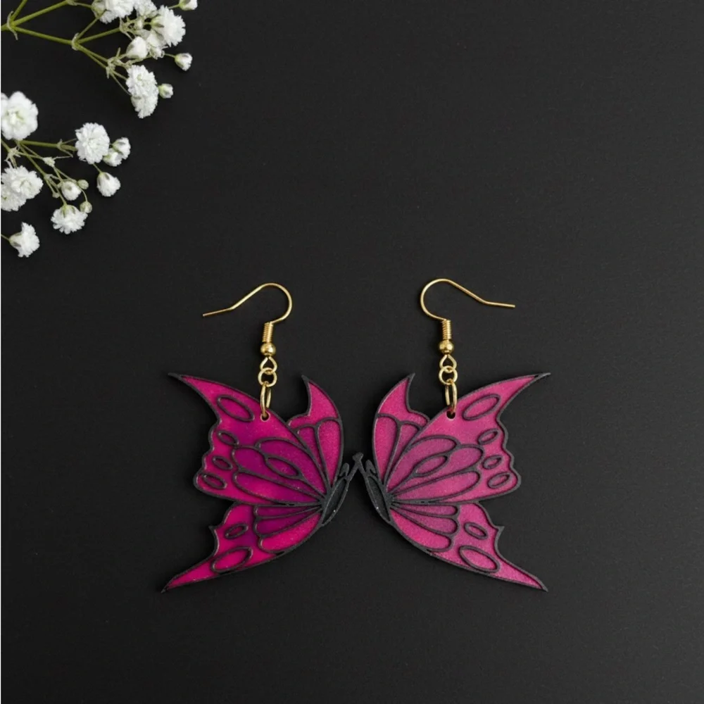 Magenta Butterfly Earrings - Picture 3 of 5